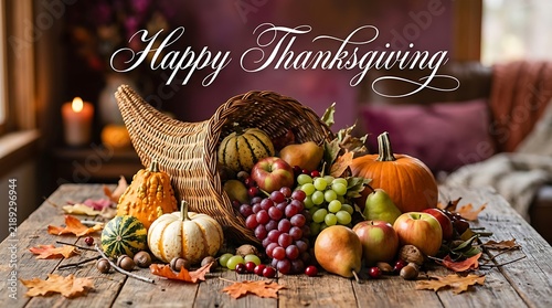 A beautiful and festive thanksgiving still life arrangement with pumpkins ripe grapes and a charming decorative wire turkey on a rustic wooden