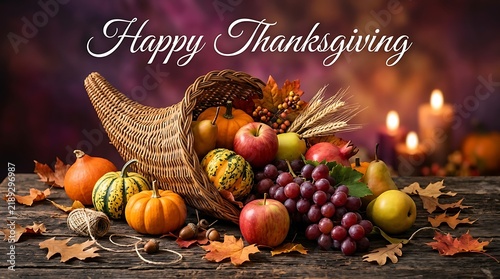 A bountiful and beautiful thanksgiving cornucopia overflowing with ripe fresh fruits colorful vegetables and warm glowing candles on aged wood