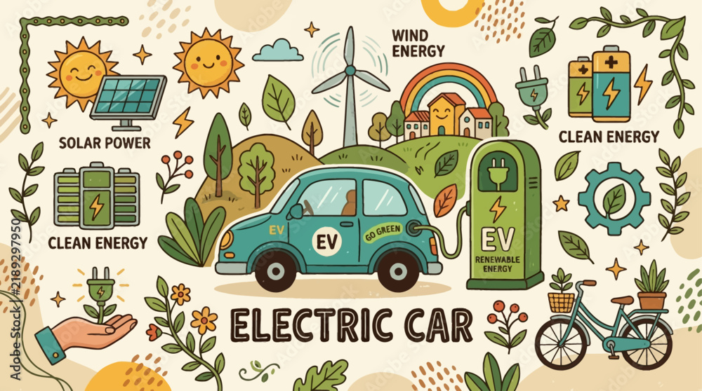Obraz premium Illustration of an electric car charging station powered by solar and wind energy, promoting clean transportation and environmental sustainability.