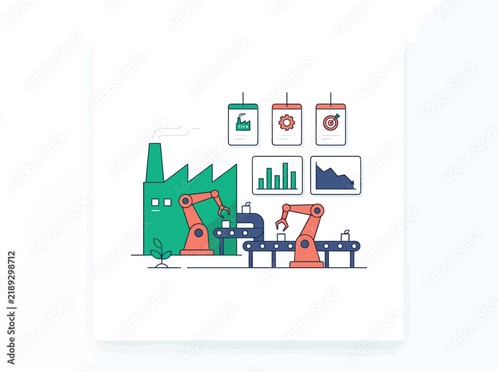 Fototapeta premium Smart Factory Overview With Robotic Arms Conveyor Belts Charts And Industrial Icons Vector Illustration
