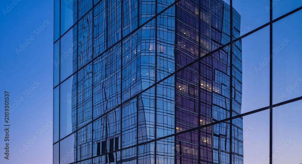 Obraz premium Modern glass skyscraper reflection capturing urban architecture with abstract geometric lines at dusk