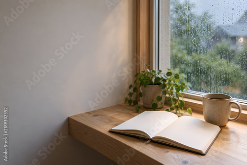 An open blank journal beside a warm mug and a window