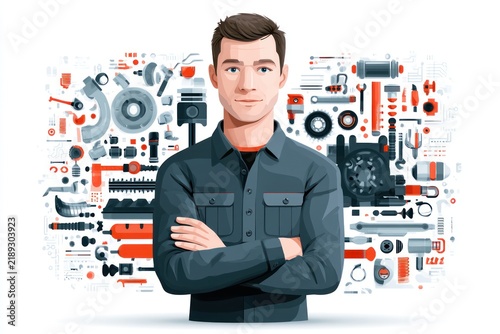 Auto mechanic in work uniform with garage tools and car parts