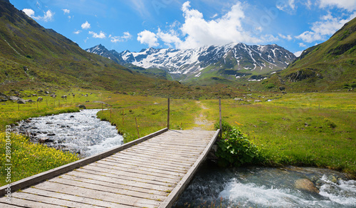 wooden footbridge over Dischmabach creek, Durrboden. landscape near Davos, switzerland