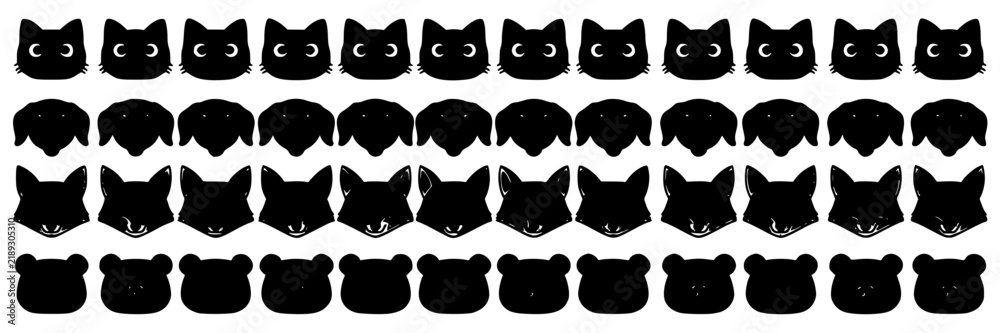 Fototapeta premium Animal Heads Silhouette Icons, Whimsical Cat Faces Set, Decorative Graphic Design Elements