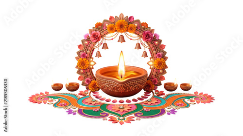 Diwali lamp with floral arch and bells isolated on transparent background