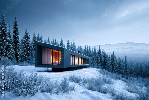 Snowy winter forest with modern cabin house