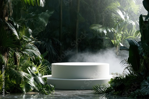 Smooth white podium with lush tropical plants