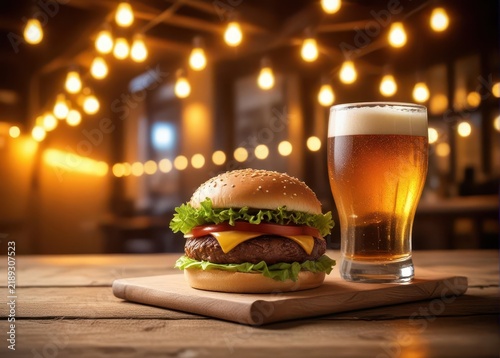 A juicy hamburger sitting on a wooden table with a cold light beer beside it