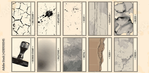 Screen print distress stamp texture with grunge noise, grain, scratches, speckles, rough edges and cracked ink overlay for creating vintage textured backgrounds and graphic effects	
