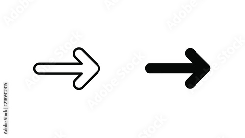 Rounded corner right arrow icons in line art and filled black vector illustrations set.