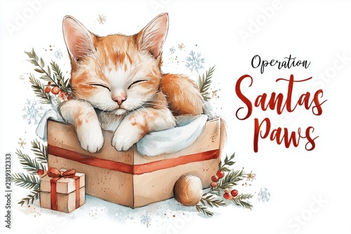 Festive watercolor Santa Paws scene with pet toys and gifts