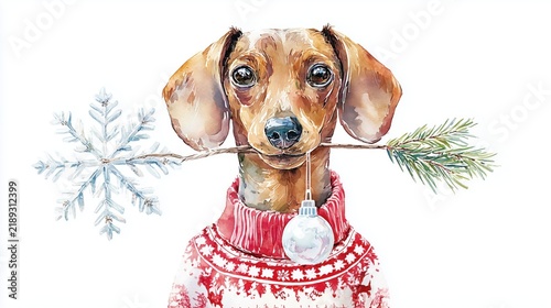 Watercolor Dachshund in Christmas Sweater with Snowflake Ornament