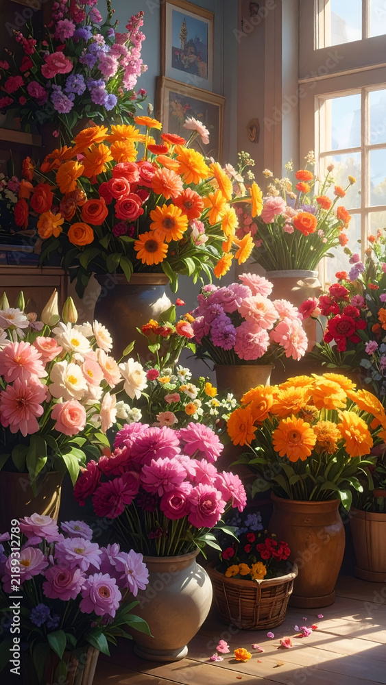 Fototapeta premium Sunlit Interior View of a Vibrant Flower Shop Filled with Multiple Bouquets of Fresh Colorful Blooming Flowers