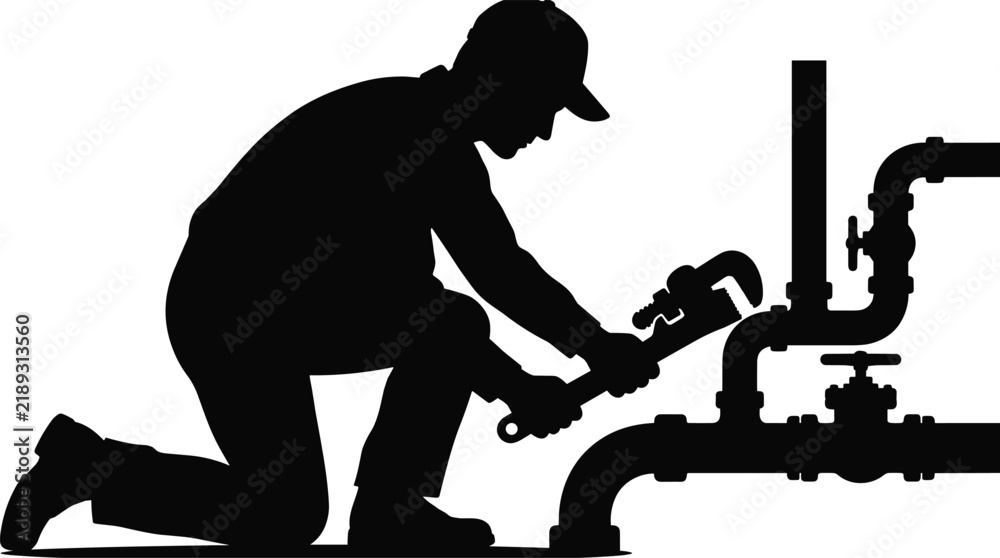 Obraz premium Plumber Mechanic Kneeling Repairing Water Pipes Pipe Wrench Service Maintenance Silhouette Vector Illustration