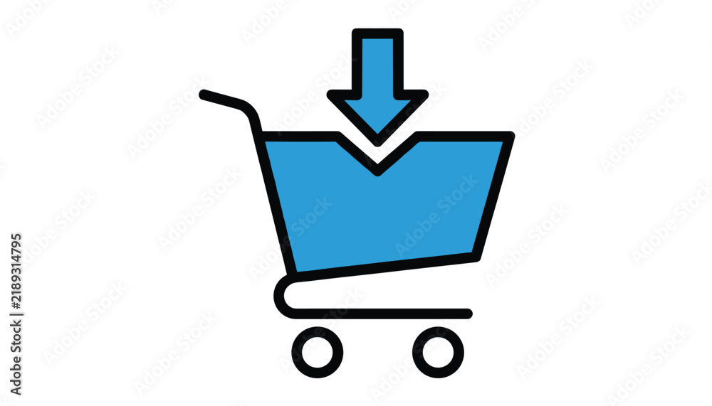 Fototapeta premium Shopping cart icon with downward pointing arrow representing online purchase, download, or adding items to cart.