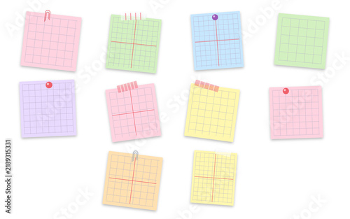 Fotografía Sticky notes arranged neatly on a clean transparent background display colorful pastel squares with grid lines, attached securely by colorful metal pins and paper clips for office organization