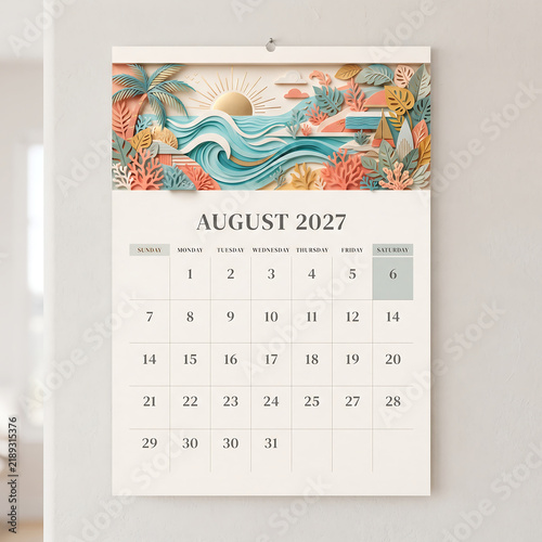 Wall calendar page for august 2027 featuring a beautiful paper craft ocean sunset illustration hanging on wall