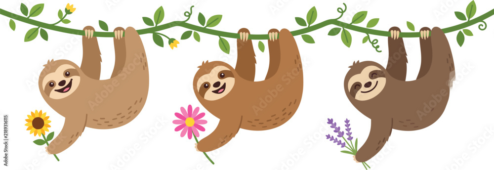 Obraz premium Cute cartoon sloths hanging on vine with spring flowers