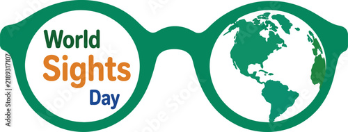 World Sight Day vector illustration featuring green glasses and globe map, promoting global vision health awareness, eye care importance, and blindness prevention for medical campaigns.