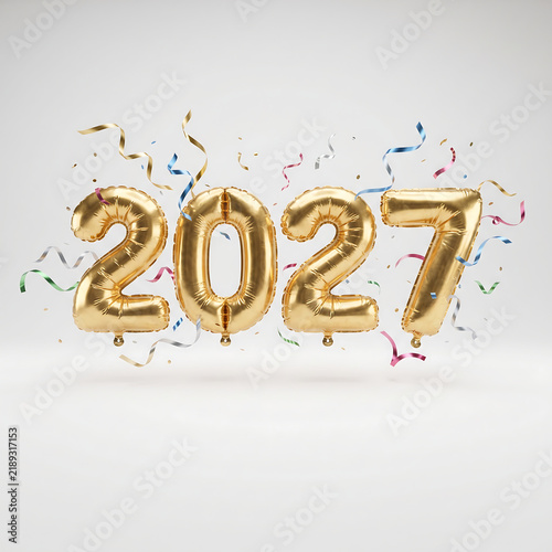 Gold foil balloons forming the number 2027 with colorful confetti on a clean white background for celebration