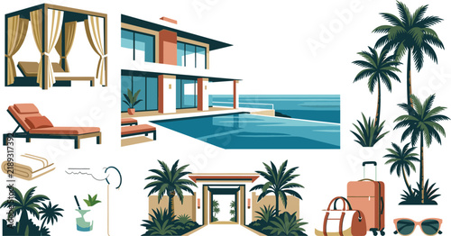 Luxury tropical resort villa vector elements set featuring infinity pool modern architecture palm trees cabana sunbed and luggage for travel vacation design