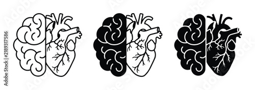 Fotografie Brain Heart Icons, Logic Emotion Balance, Human Mind Symbol Set