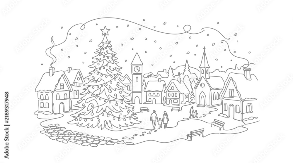 Fototapeta premium Continuous One Line Drawing of Festive Winter Village Square with Christmas Tree and Snow