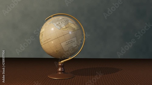 Antique desk globe with brass meridian slowly rotating on a wooden table by a window, dust in warm daylight, seamless loop background