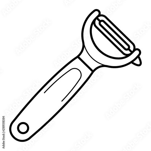 Vegetable Peeler. Kitchen Peeling Tool With Double Edge Blade And Ergonomic Handle. Cooking Preparation Utensil. Minimal Black Line Art Vector
