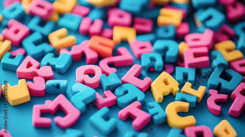 multi-colored wooden letters of the English alphabet on a blue background
