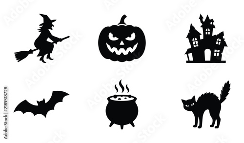Halloween Icons Set: Witch, Pumpkin, Haunted House, Bat, Cauldron, Black Cat Silhouettes