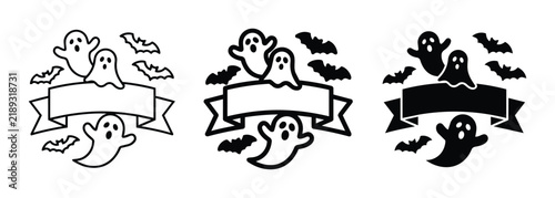 Halloween Ghosts and Bats Vector Icons, Spooky Holiday Banner, Cute Spirits, Festive Design Elements