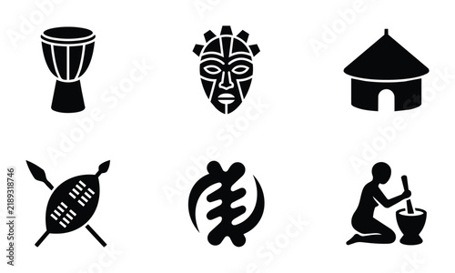 African Tribal Icons Set: Drum, Mask, Hut, Spear, Symbol, Figure, Culture, Heritage