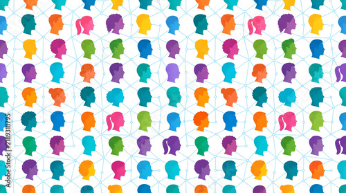 Colorful human head silhouettes connected in network pattern