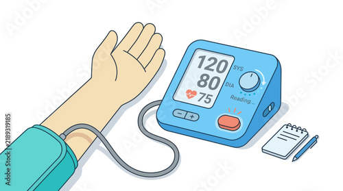 Person checking blood pressure with digital monitor, isolated transparent background