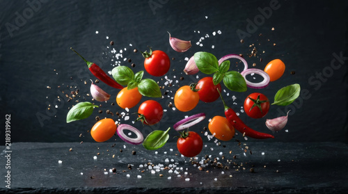 Fresh Ingredients and Spices on Dark Background