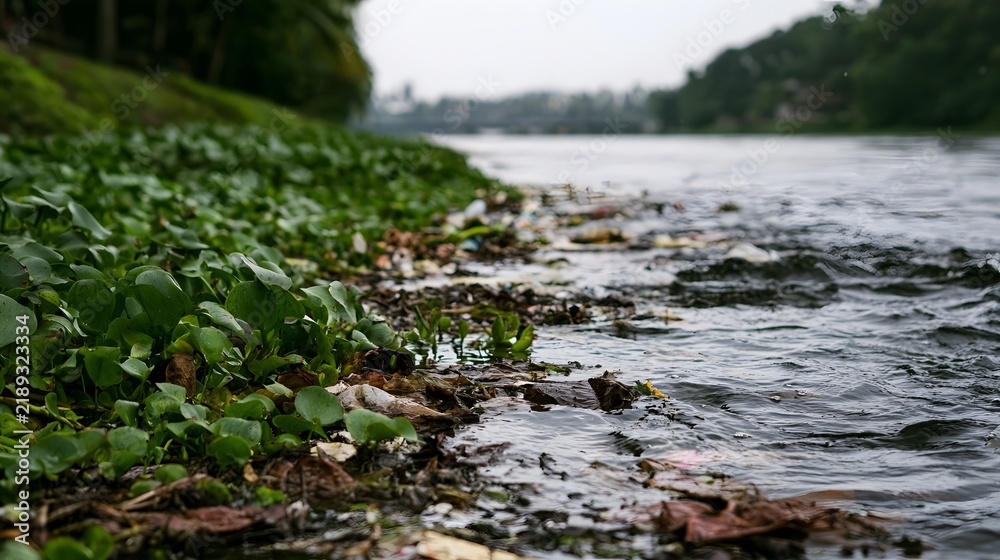 Obraz premium Polluted riverbank with floating debris and green aquatic plants along the water s edge under an overcast sky