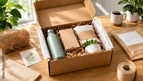 Open cardboard gift box with reusable water bottle and accessories on a table