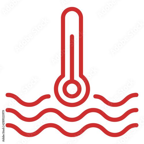 Red thermometer icon with wavy lines representing temperature or water heat, isolated on white background