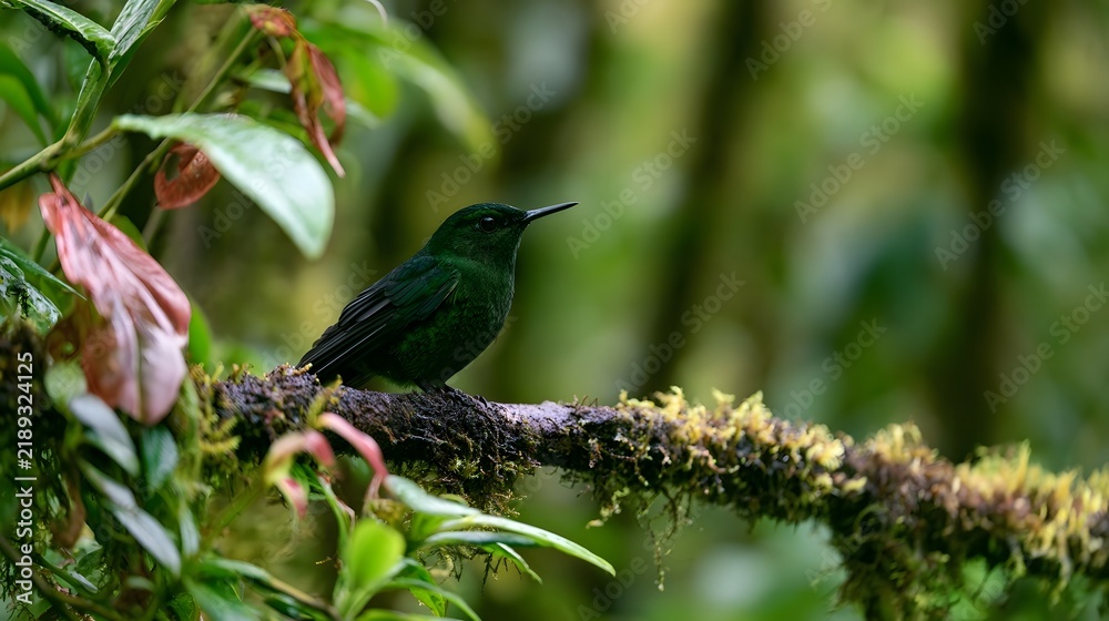 Obraz premium A small green bird perches on a mossy branch amid dense vibrant forest foliage with soft natural lighting