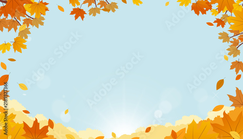 Autumn Panoramic Sky Blue Background With Orange Red Maple Leaves.Autumn Sunrise Sky and Yellow Layered Clouds, Cartoon Vector Illustration For Fall Season,Thanksgiving Banner Nature Design.