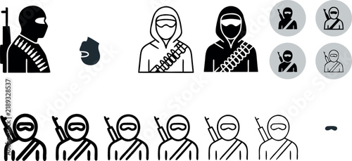 Military Soldier and Armed Guerrilla Fighter Icon Set Featuring Balaclava Masked Militia Insurgent and Weapon Symbols for Tactical Combat Gaming Applications