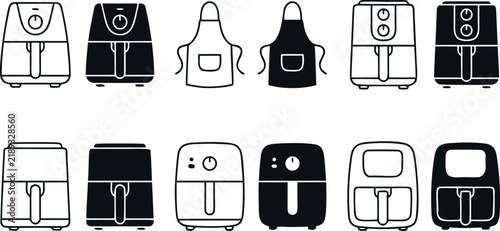 Modern Kitchen Air Fryer and Cooking Apron Icon Set Featuring Electronic Home Appliances and Culinary Symbols for Recipe Websites Apps and Graphic Designs