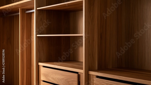 Modern luxury wooden walk-in closet interior design with shelves and drawers.