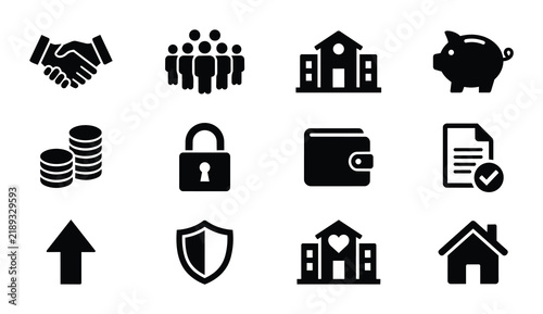 Business and Finance Icons Set: Partnership, Teamwork, Buildings, Piggy Bank, Money, Security, Wallet, Document, Growth, Protection, Charity, Home