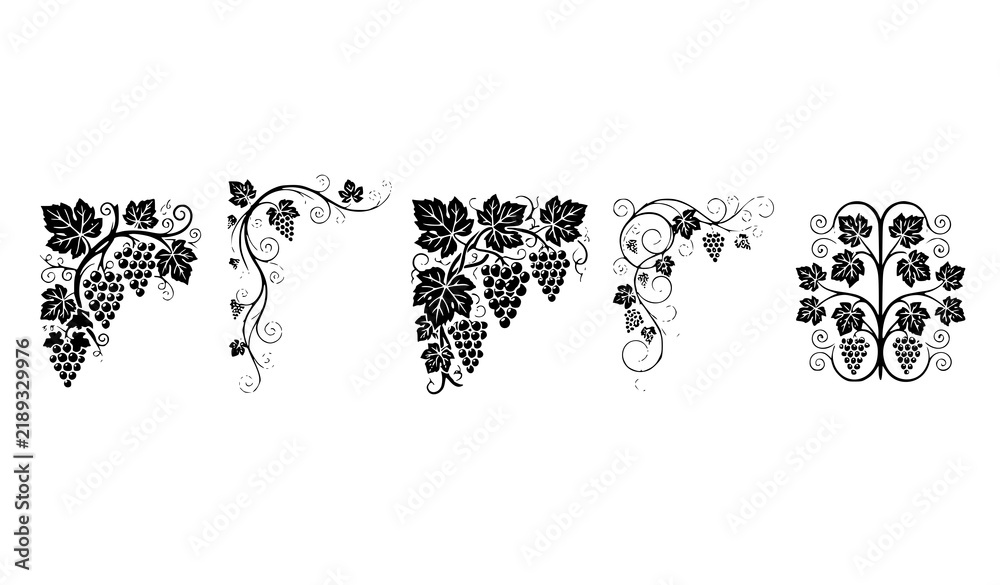 Obraz premium Five Grape Leaf Vine Corner Decoration Black Silhouette Vector Ornaments