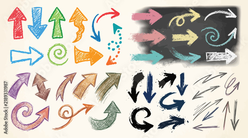 Set of hand-drawn crayon and charcoal arrow design elements