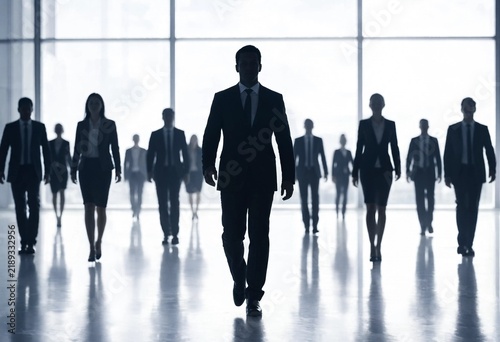 Silhouettes of people walking through fog create an abstract corporate concept representing teamwork, leadership, recruitment, career growth, uncertainty, innovation, and future business opportunities