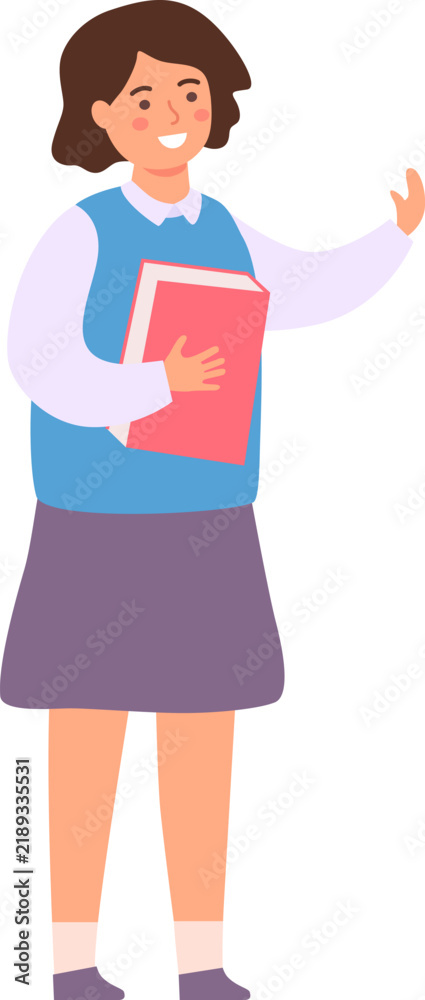 Fototapeta premium Young student standing, holding a book and waving, symbolizing education and a friendly greeting